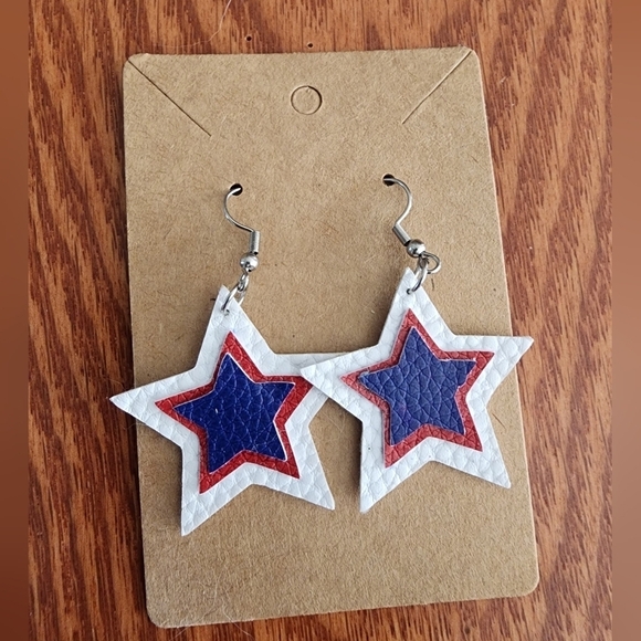 Handmade Jewelry - Red, White, and Blue Faux Leather Star-Shaped Dangle Fishhook Earrings